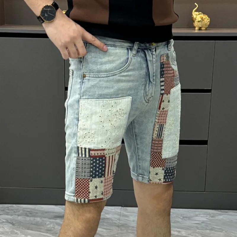 

American Style Trendy Men's Denim Shorts 2025 Summer Fashion Patch Straight Casual Handsome Five-Point Shorts Jeans Masculina