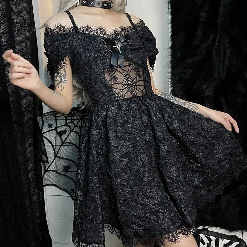 Dark Gothic Punk Lace Short Dress Women Cobweb Patchwork Short Sleeve Cold Shoulder Halloween Outfit