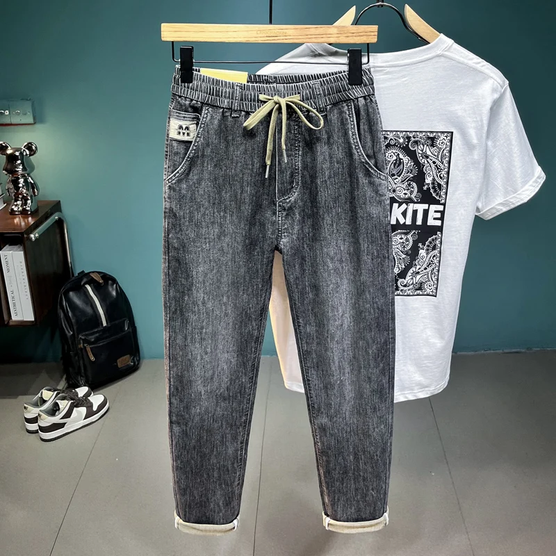 

Spring and Summer Jeans Men's Trendy High Street Slim Fit Skinny Fashion Street All-Match Stretch Casual Crop Jeans