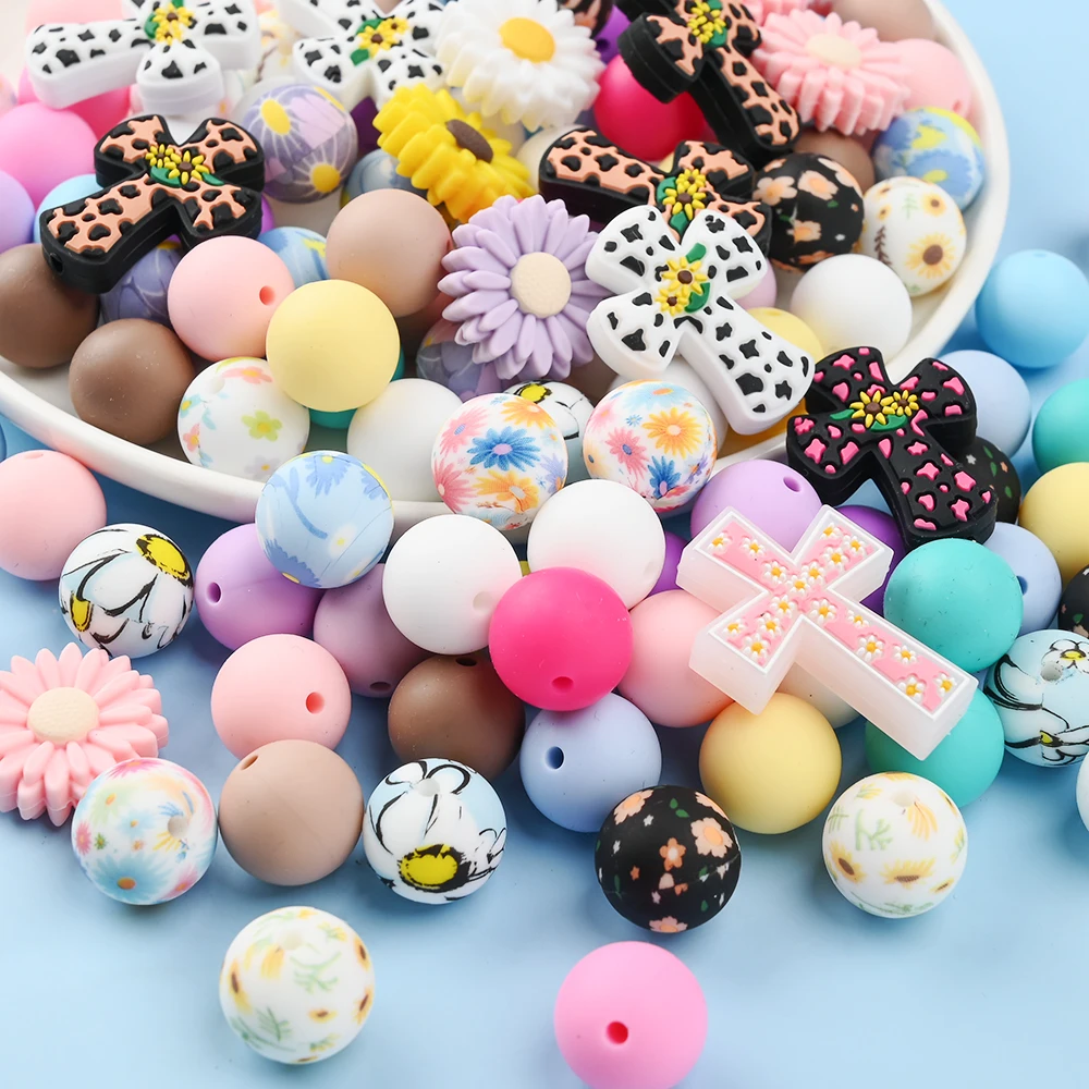 

47Pcs Cross Silicone Beads Set Food Safety Silicone Beads For DIY Baby Grinding Bracelets Unique Pacifier Chains Accessories