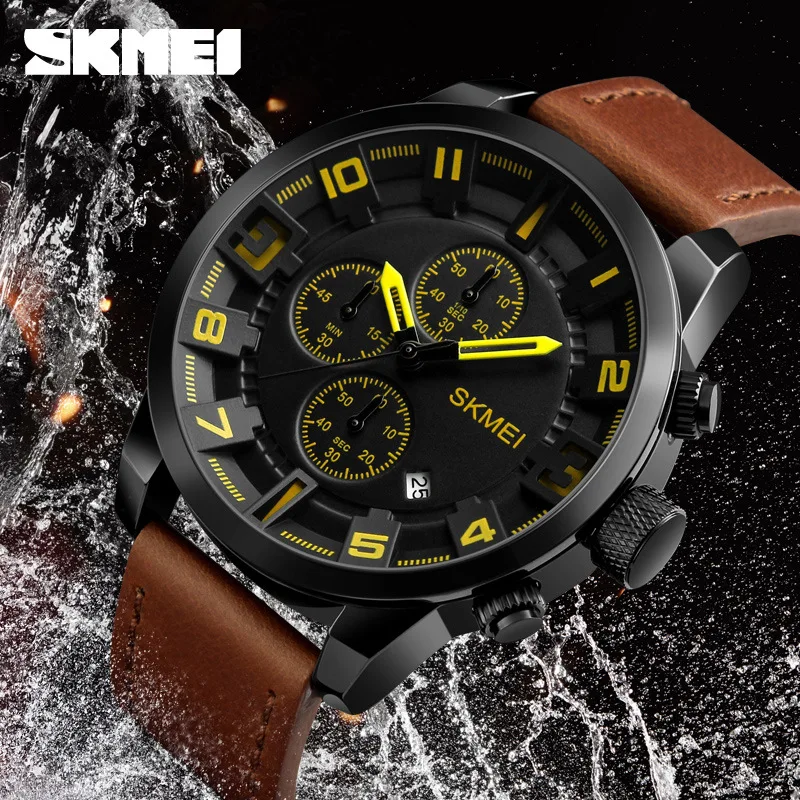 Skmei موضة ساعة كوارتز رجالية في الهواء الطلق الترفيه ساعة رجالية جلدية مقاوم للماء الرياضة كوارتز ساعة الرجال
