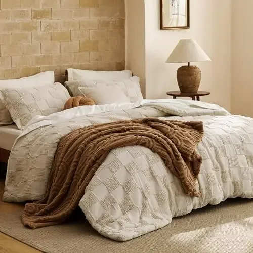 California King Size Comforter Set Beige, Boho Tufted Bed Set, Checkered Farmhouse-Style Distressed Vintage Bedding, 3