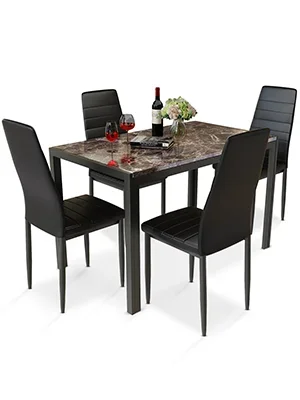 Dining Table Set 5 Piece, Marble Top and High Chairs for Breakfast Nook Small Spaces(Brown), Modern Kitchen Table