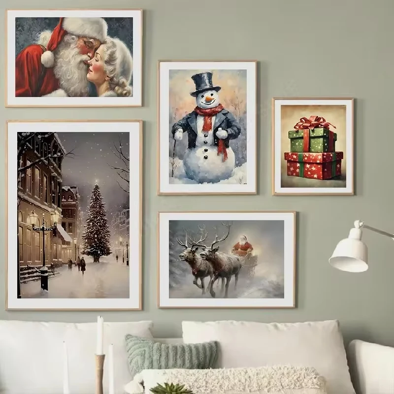 Christmas Gift Tree Free Range Poster Snowman Santa Claus Polar Bear Wall Art Canvas Painting Living Room Decoration Picture