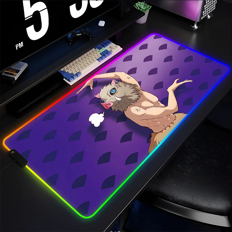 RGB Mouse Pad LED Luminous Mousepad Laptop Japan Anime Manga Extended Desktop Mat PC Demon Slayer Inosuke HD Print Keyboard Pad