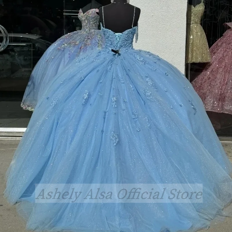 Maßgeschneidertes babyblaues Quinceanera-Kleid mit Applikation, Spitze, Spaghettiträger, Geburtstagsfeier, mexikanisches Mädchen-Abschlussballkleid, Vestidos de 15 Jahre