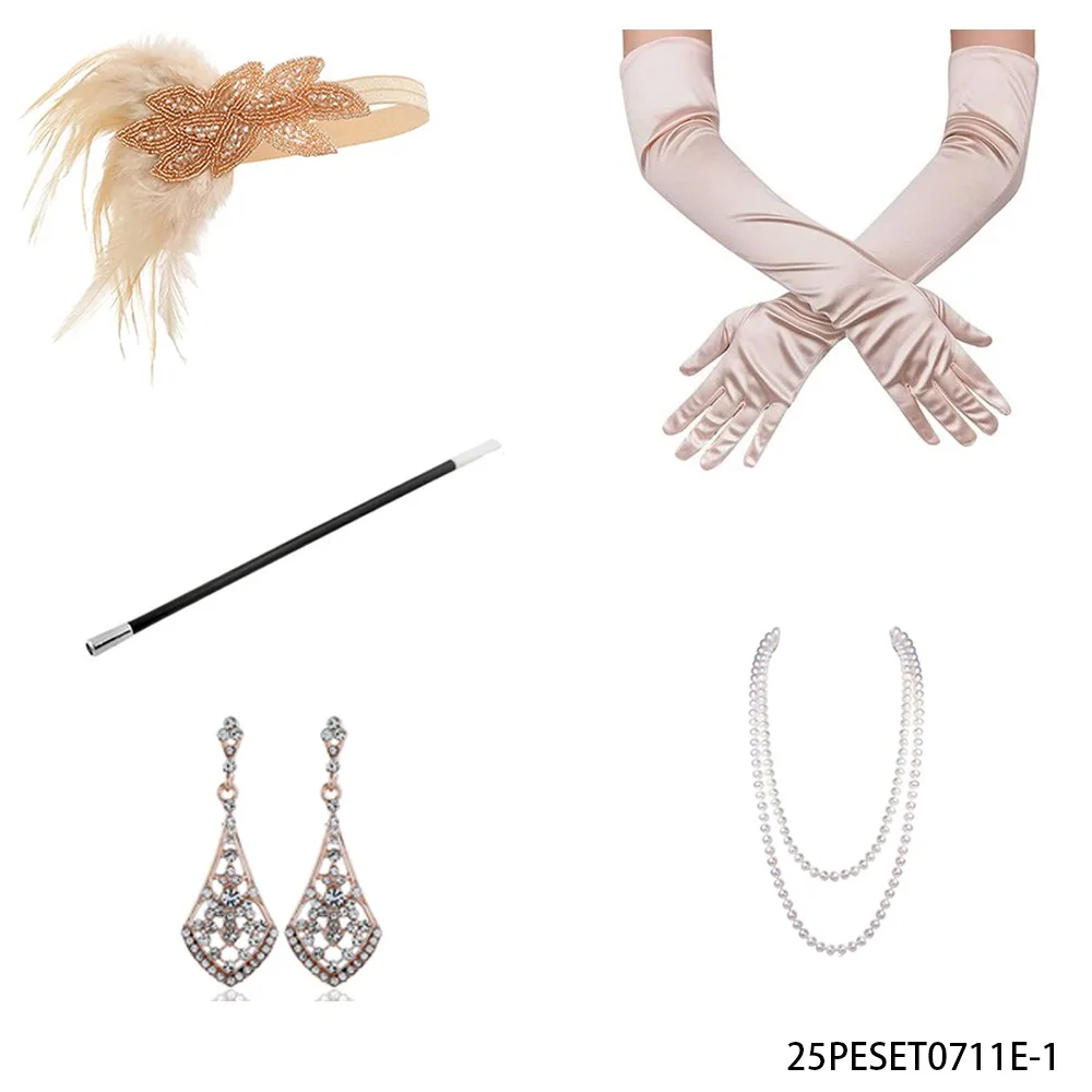 

PESENAR 1920s Vintage Flapper Accessory Set Headband Long Gloves Cigarette Holder Earrings Necklace