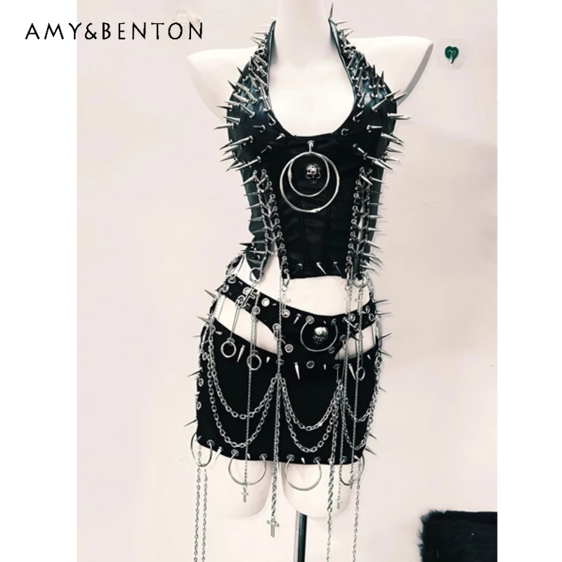

Gothic Style Women's Clothing Original Design Heavy Craft Punk Halter Vest Dark Short Skirt Chain Performance Costume Set Ladies
