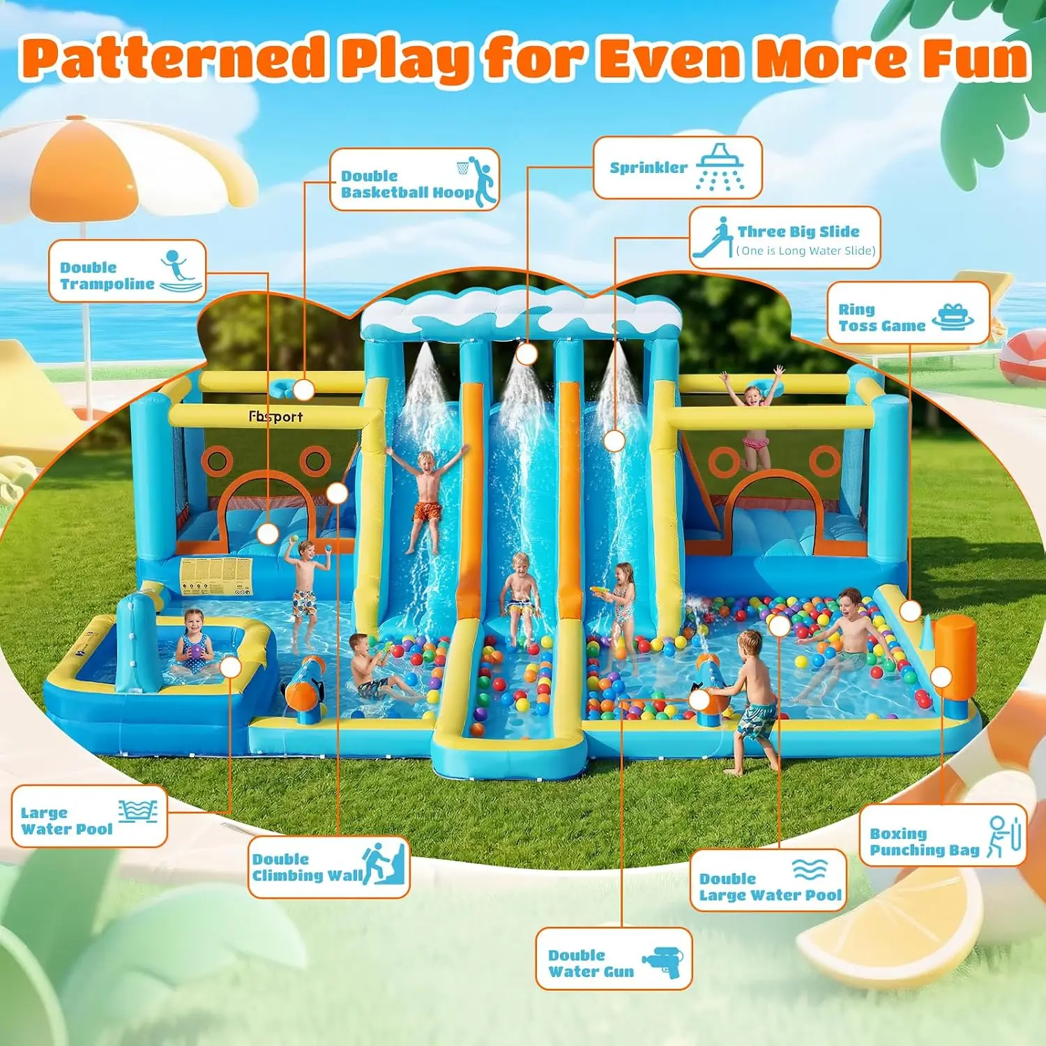 10-in-1 Inflatable Water Slide Park Bounce House with 3 Slides and 2 Bouncers, 950W Blower, Splash Pool and Water Gun, Outdoor Backyard Bouncy Castle for Kids Parties