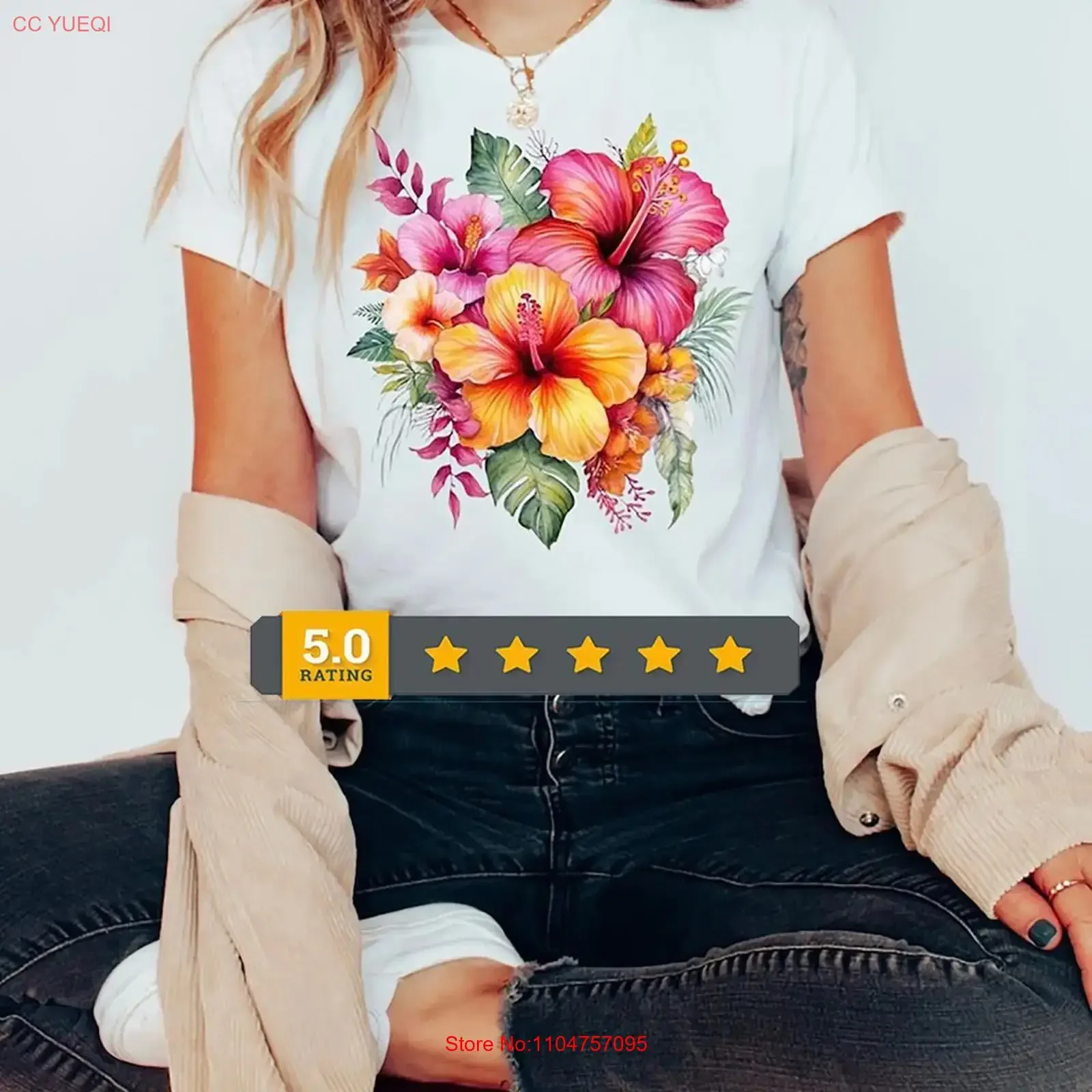 Watercolor Hibiscus T Shirt Tropical Hawaiian Hawaii Flower Flow vintage Washed Breathable Casual Stylish Versatile streetwear