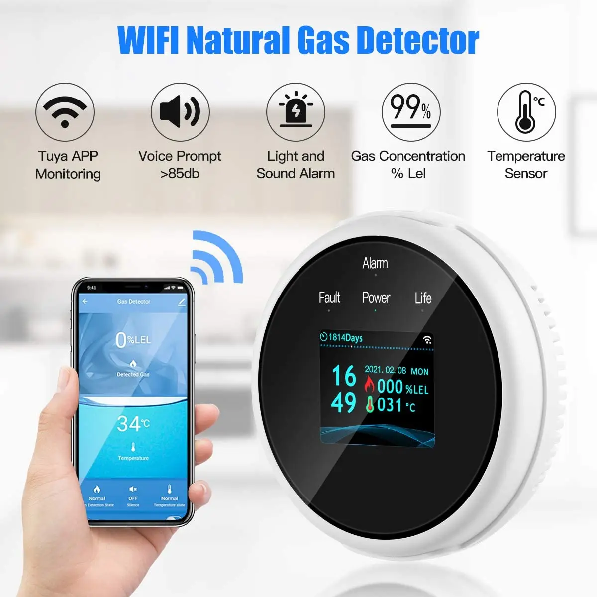 Tuya-Detector de fugas de Gas Natural con WiFi, Sensor de fugas de GLP, alarma de sonido y Monitor remoto de 433MHz, compatible con Google y Alexa