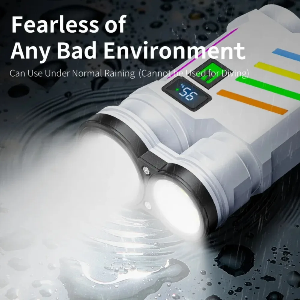 LED Dual Light Source Flashlight USB Rechargeable Bright Floodlight Camping Torch 5 Modes Emergency Work Lamp Built-in Battery