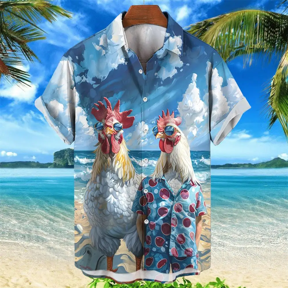 Chemises à manches courtes pour hommes, College en 3D, graphique de poulet de plage, chemise Aloha, style hawaii, mode unisexe, été, 2024