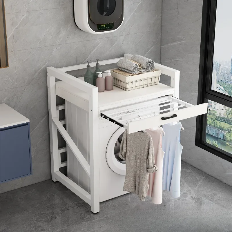 

Double Layer Drum Washing Machine Stackable Storage Rack Balcony Dryer Dishwasher Shelf with Clothes Rod