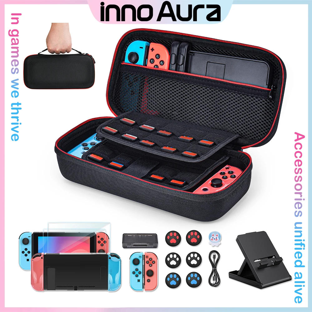 

innoAura Switch Accessories Kit w/Carrying Case, Protective Case Cover for Console & J-Con, Screen Protector, Adjustable Stand