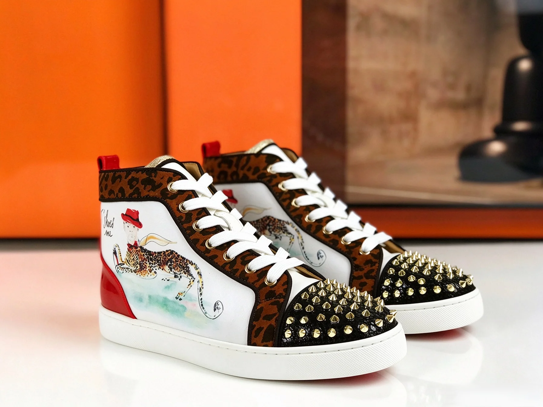 Men's Punk Style High Top Shoes - Luxury Gold Studded Toe Cap with Wild Animal Graffiti Pattern, Red & White Rubber Sole Skate