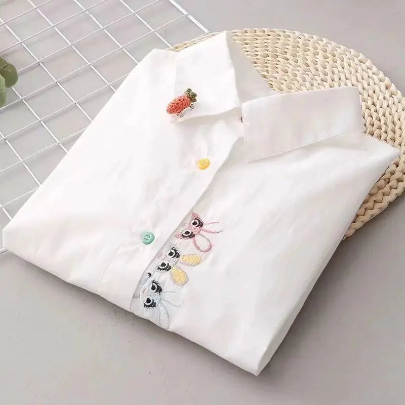 Women Spring Autumn Style Blouses Shirts Lady Casual Long Sleeve Turn-down Collar Cartoon Embroidery Blusas Tops