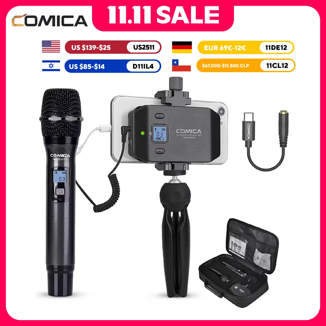 

COMICA CVM-WS50H Handheld Microphone UHF Wireless Microphone 6 Channels Condenser Mic for iPhone Android Camera Gopro