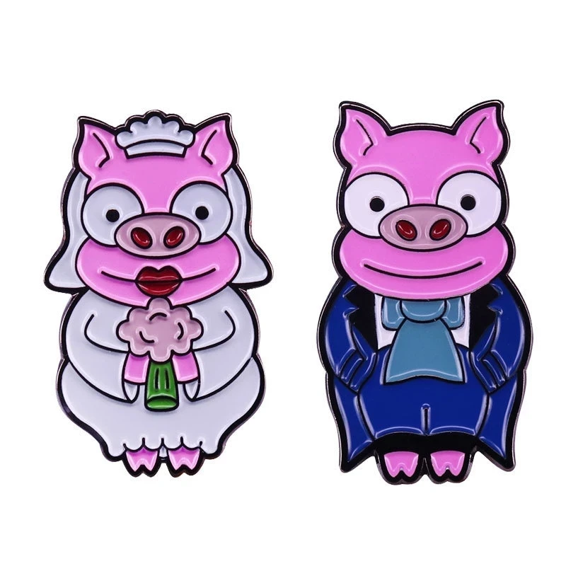 Wedding Dress AccessoriesFunny brooch High Quality Cute Simpsons Enamel Pin Pig Groom Bride Couple  Romantic Wedding Badge