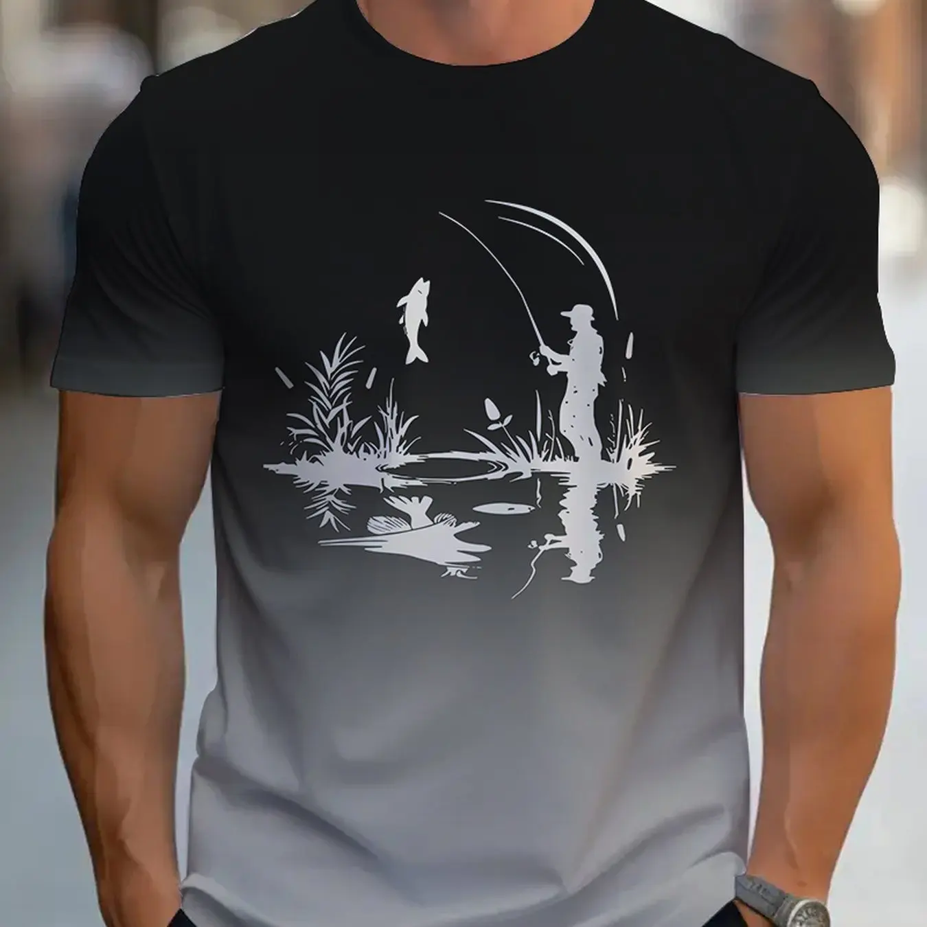 Fishing Style 3D Printed T-shirt For Summer Casual Loose Round Neck Short Sleeved Top, Thin，Machine Washable，Polyester Material