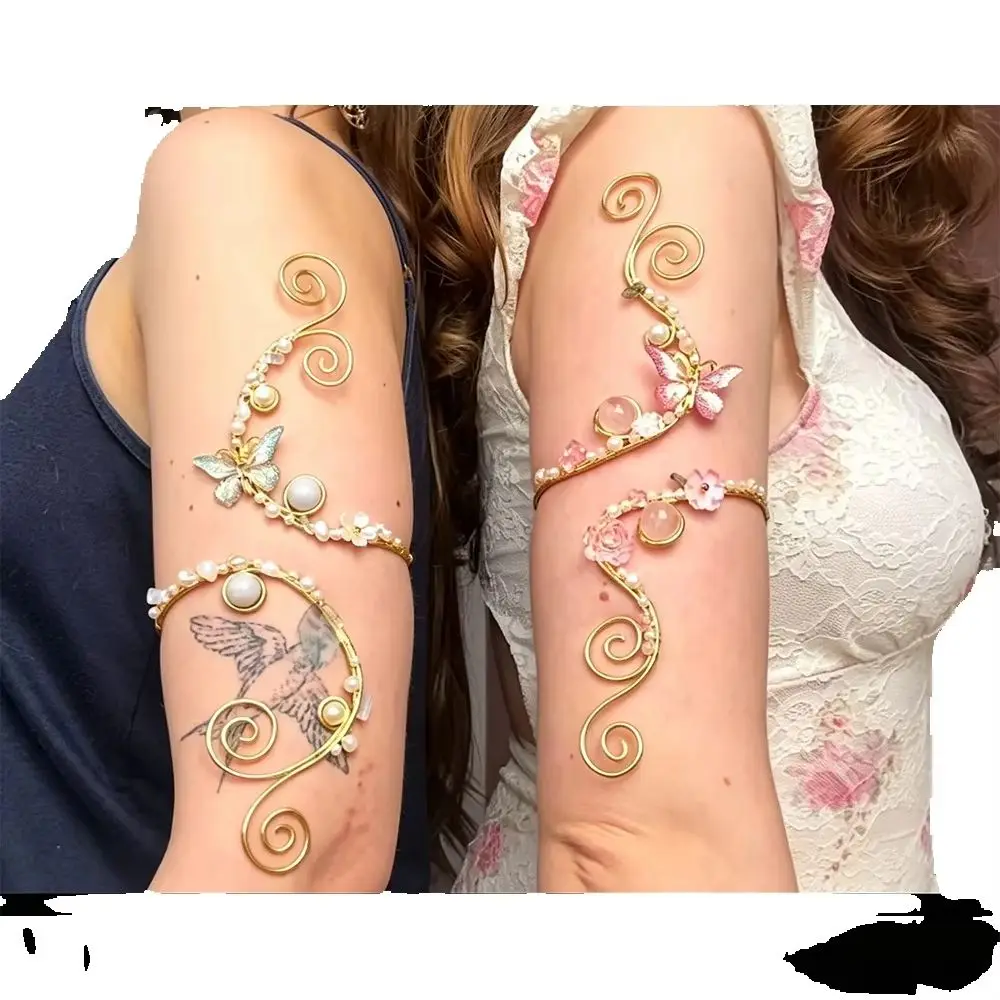 Handmade Wire Wrapped Vine Upper Arm Cuff Bracelet Fairy Butterfly Flower Pearl Rose Quartz Arm Band Elven Spiral Scroll Armlet