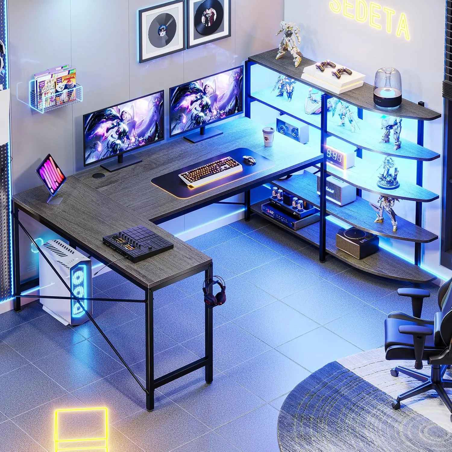 SEDETA L Shaped Gaming Desk, 62.6'' Corner Computer Desk with Storage Shelves, U Shaped Gaming Desk with LED Lights,