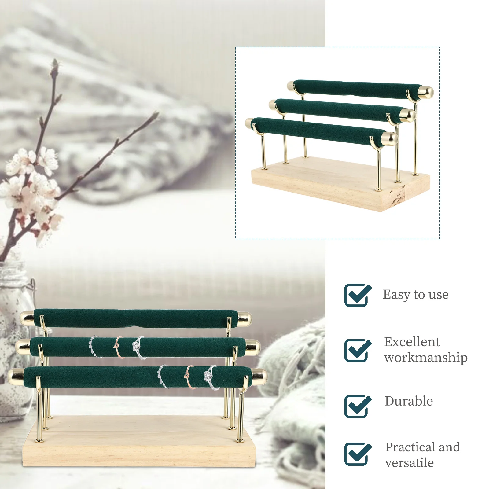 

Трехъярусный деревянный органайзер для колец, подставка для ювелирных изделий, многослойная стойка для хранения колец, элегантный держатель для домашнего офиса