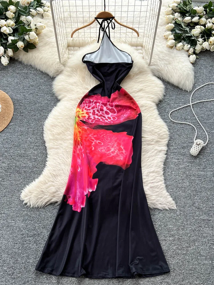 กระโปรงทรงเอเอวสูงพิมพ์ลายแฟชั่นฤดูร้อนสำหรับผู้หญิงสไตล์เกาหลี สายเดี่ยวเซ็กซี่ เหมาะสำหรับเดินทาง