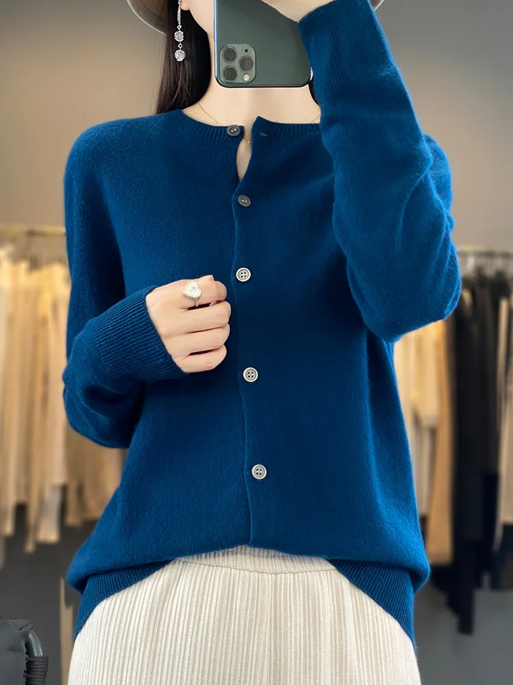 Cardigã de cashmere abotoado feminino 100% lã merino, suéter com gola O, malha básica, blusa macia feminina casual para outono e inverno