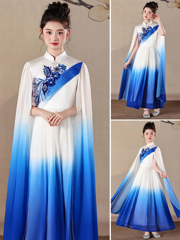 

Новинка 2025: Детские сценические костюмы для выступлений на гучжэне, Ханьфу для девочек, сценические наряды Пия, костюмы для экзаменов и церемоний, полиэстер