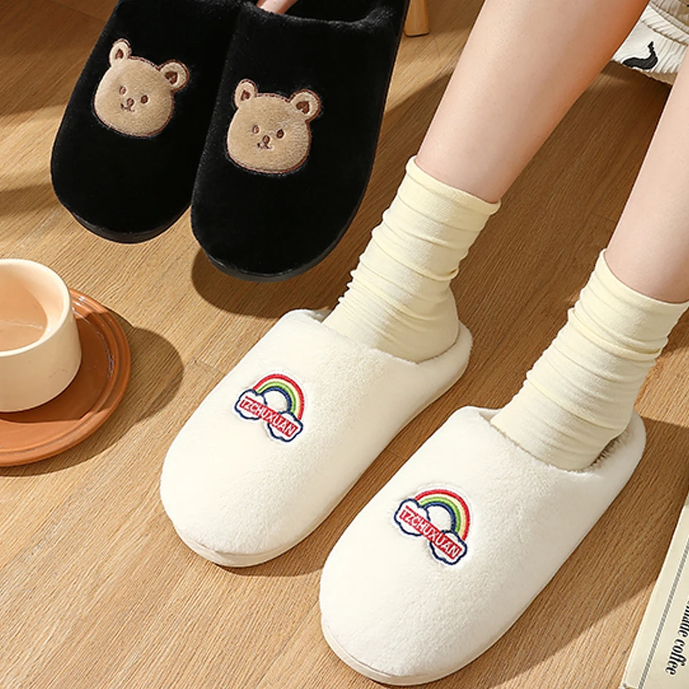 ZHIDA Fashion Women's Slippers Winter Warm Cartoon Bear Lovely Indoor Soft Sole Non-slip Dormitory Causal Home Plush Shoes