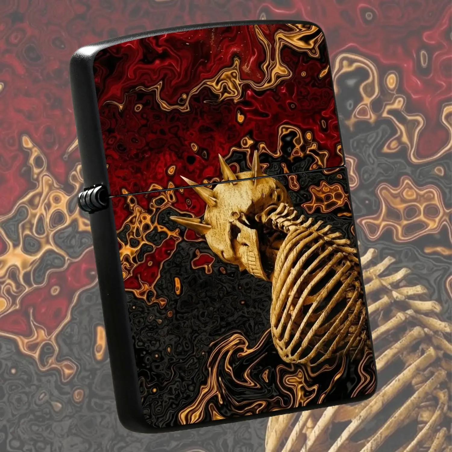 Trendy Golden Spiked Skeleton Themed Lighter, Abstract Fluid Red Black Art Pattern Design, Stylish Atmospheric Portable Item, Suitable For All Daily Scenarios, Perfect For Gifting Or Personal Use To Show  A Humorous And Interesting Lighter