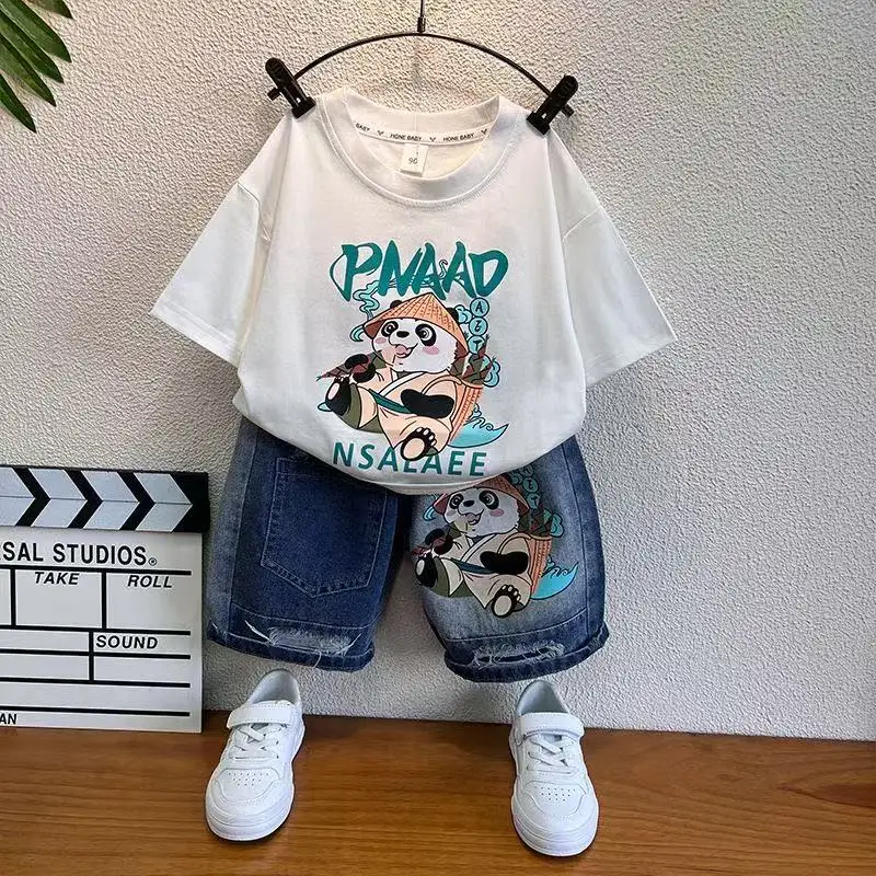 

Children's Clothing Boys Summer Set Children's New Cartoon T-shirt Boys Cool and Handsome Denim Shorts Two-piece Set Fashionable