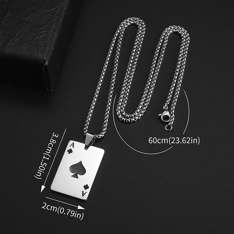 Stainless Steel Ace of Spades and Hearts Playing Card Pendant Necklace Women Men Punk Lucky Jewelry Accessory
