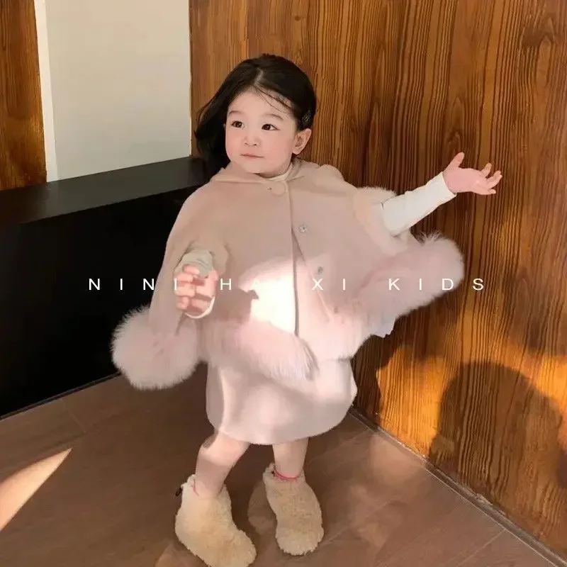 Girl Clothes Suit Korean Children Clothing Girl Fashion Suit Autumn and Winter Girls Sweet Hooded Cloak Coat Vest 2-piece Set