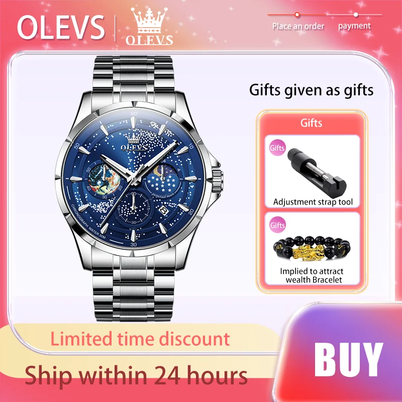 

OLEVS Men Watches Starry Sky Stainless steel Strap Date Moon Phase Wristwatch Luminous Waterproof Business Quartz Watch for Men