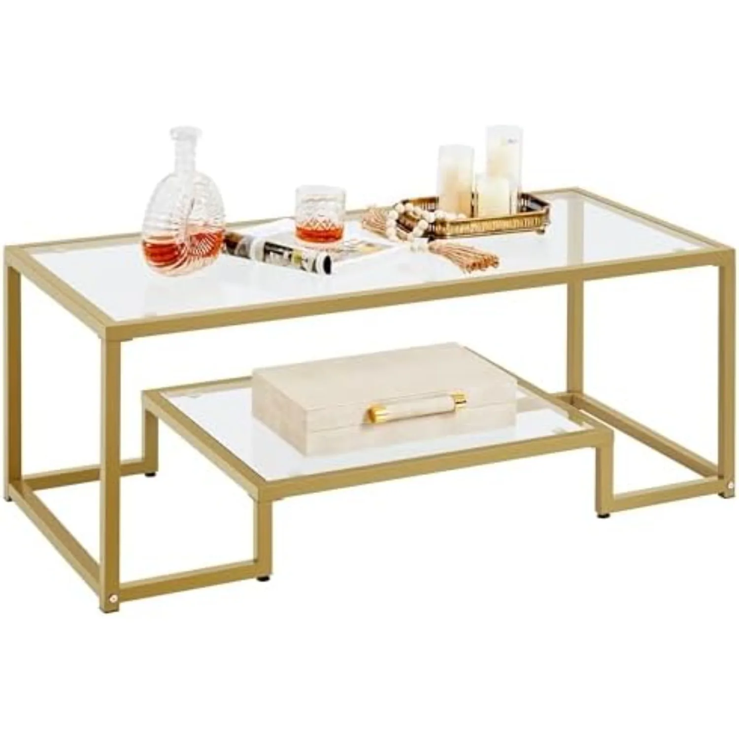 42" Small Gold Coffee Table for Living Room, 2-Tier Glass Shelf | Clear Tempered Glass Top, Modern Rectangular Design