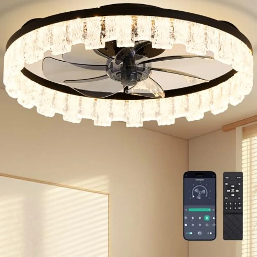 

Ceiling Fans with Lights and Remote Fandelier - 20'' Flush Mount Low Profile Modern Ceiling Fans for Bedroom - Stepless Color T