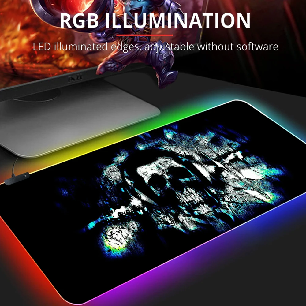 Dark Horror Skull Anime Gaming Mousepad RGB Pad Big Gamer Mouse Pad Rubber LED Computer Desk Mat Keyboard Mat XXL With Backlight