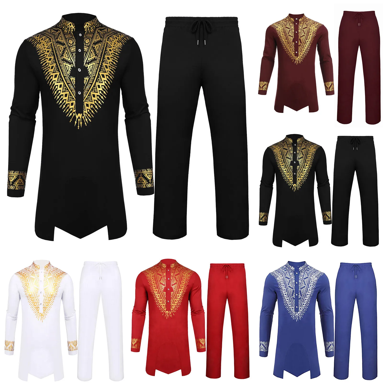Traje de Bata de estilo étnico para hombre, conjunto gótico Vintage, estampado en caliente, Pantalones rectos con cordón, conjunto de dos piezas