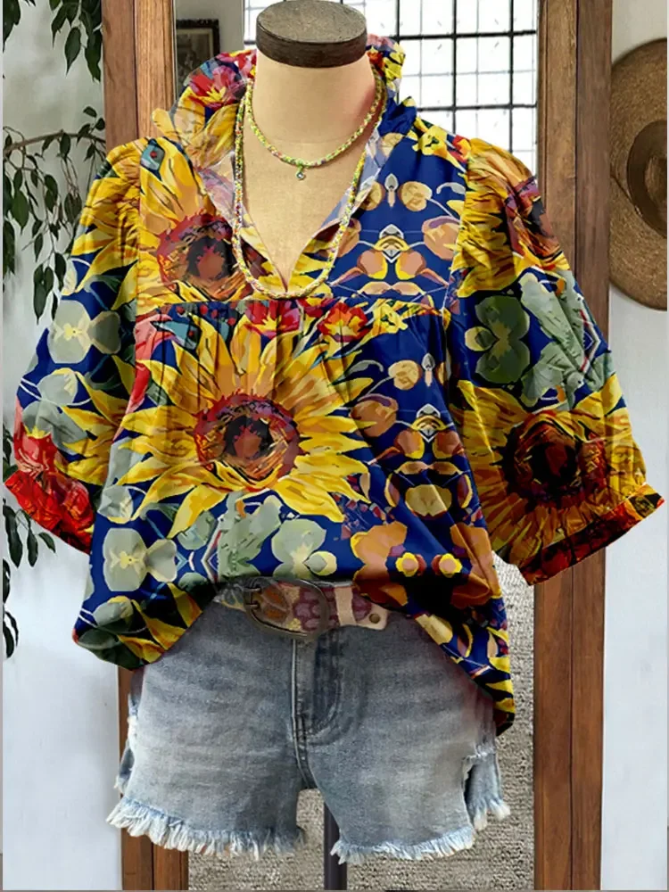 Puff Sleeve Contrast Flower Print Top  Vintage 1990s Floral Sunflower Print  Blouse