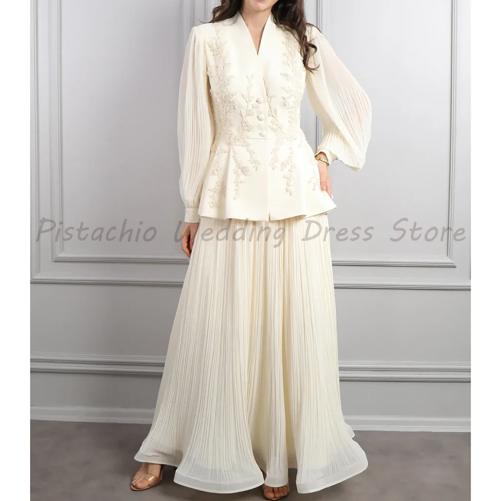 

Elegant Ivory Chiffon Mother Of The Bride Dresses 2026 Lace Appliques Long Sleeve Pleated Maxi Evening Gown For Wedding