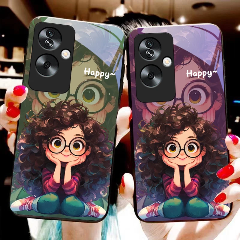 Curly haired girl For Oppo A79 5G 58 78 74 60 4G Reno 11F Realme GT 6 11 Note 50 10 C55 X2 Tempered glass black phone case