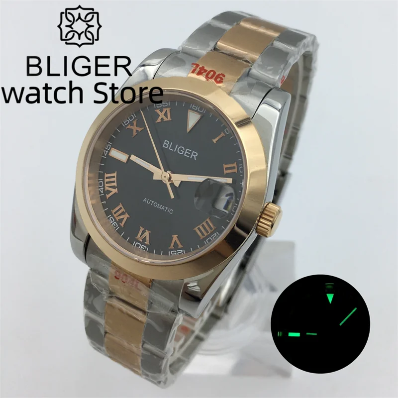 

BLIGER39mm Rose Gold Roman numerals Grey Dial Men's automatic watch NH35 Movement Sapphire Glass Oyster Bracelet 10atm waterproo