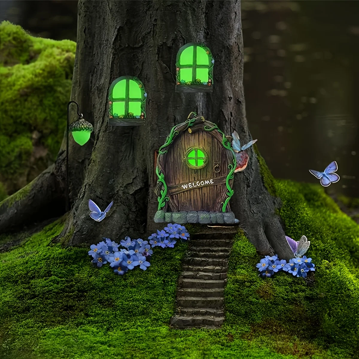 4-PCS Garden 3D Miniature Doors and Windows, Outdoor Garden Fairy Tale Scene Arrangement, Garden Tree Decoration Small Doors and