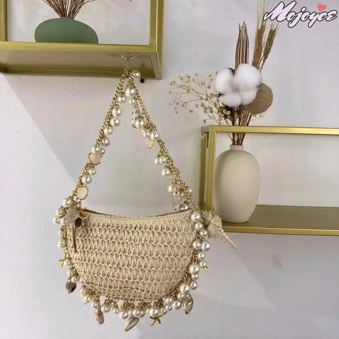 

Women's Bohemian Straw Bag Pearls Shell Hand-Woven Handbags Handwoven Conch Starfish Beach Bag Rattan Half Moon Shoulder Bags