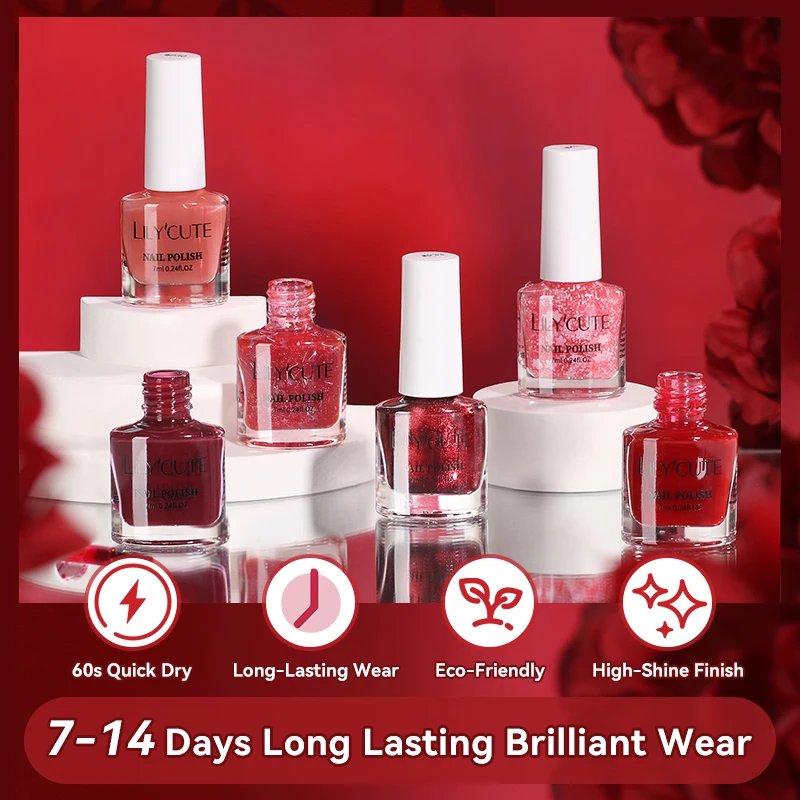 LILYCUTE Smalto per unghie staccabile a base d'acqua con bottiglia di vetro rosso da 7 ml Asciugatura rapida Senza bisogno di lampada Smalto per unghie glitterato