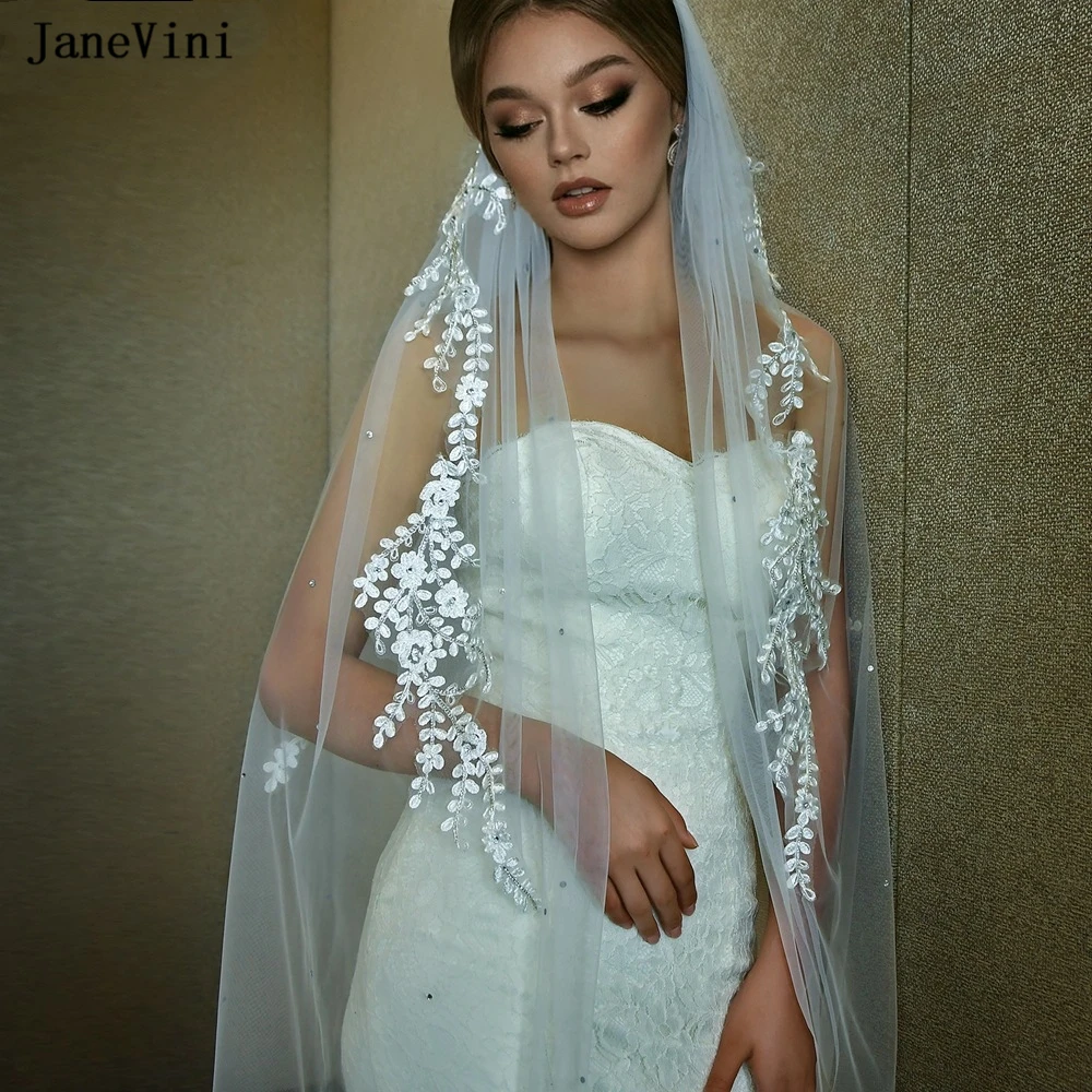 JaneVini-Elegante Coreano Marfim Véus De Noiva Com Pente, 1 Tier Lace Applique, Cristal Macio Tulle Veil, Acessórios Do Cabelo Do Casamento