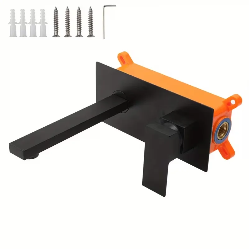 

Черный настенный смеситель для раковины со скрытым корпусом из нержавеющей стали 304 и квадратным изливом для ванны или душа, 2-отверстный, для ванной комнаты