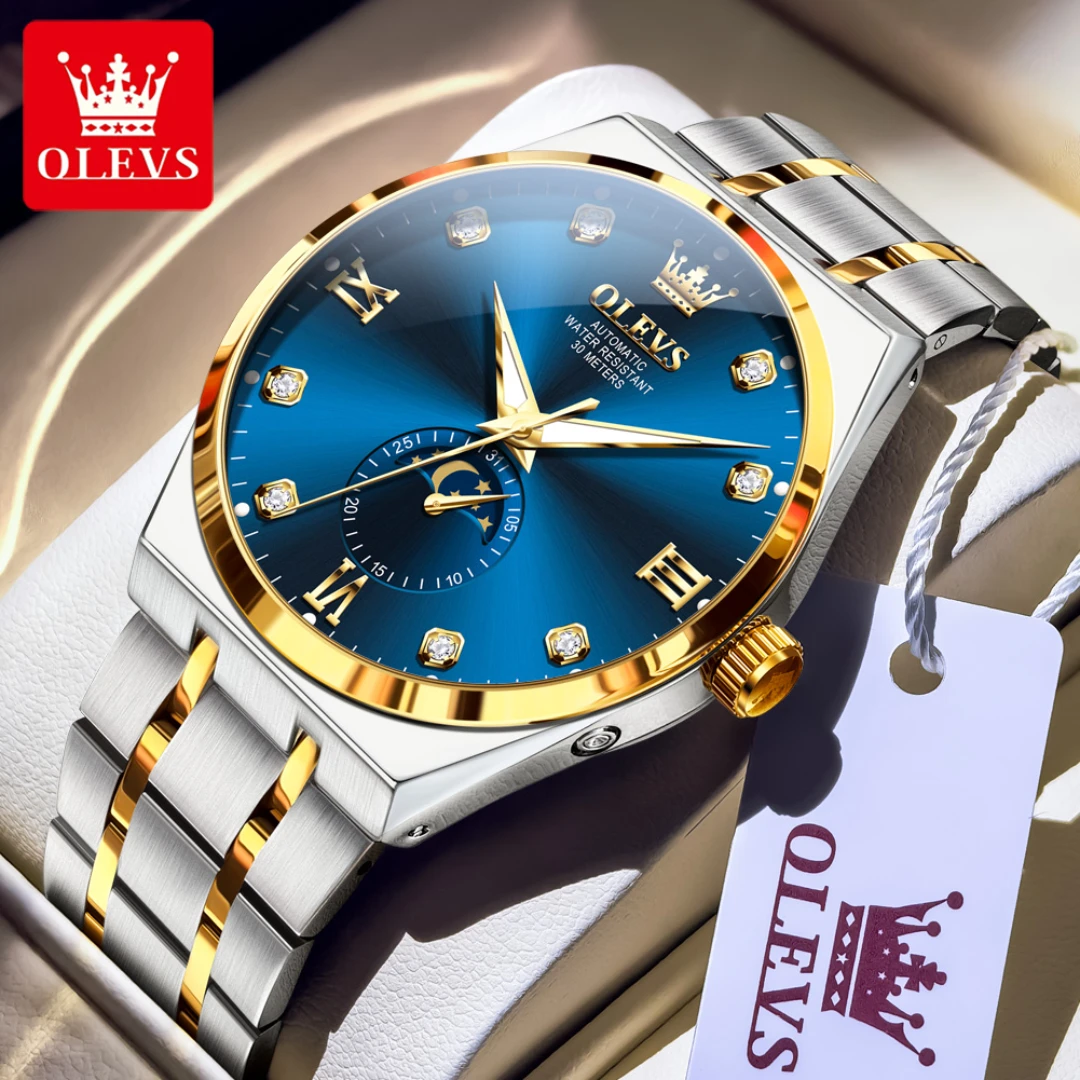 

OLEVS 7069 Fashion Mechanical Watch Gift Stainless Steel Watchband Round-dial Wristwatch Moon Phase Luminous